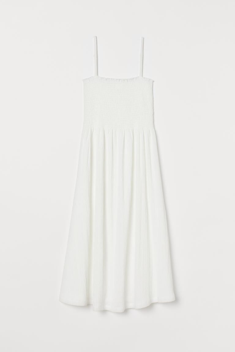 Calf-length dress in crinkled jersey. Narrow, adjustable shoulder straps, smocked bodice with ruf... | H&M (US + CA)