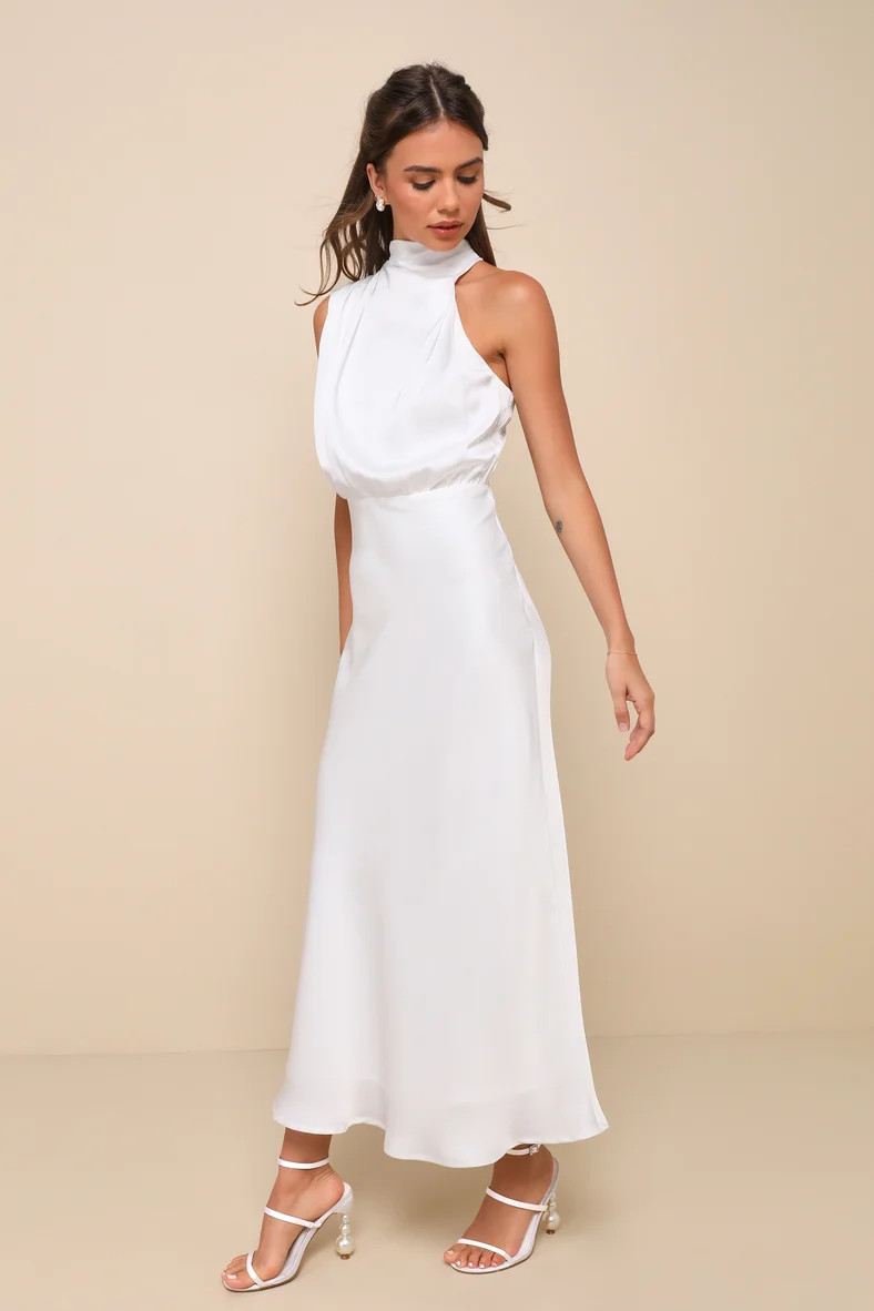 Distinctive Charm White Satin Asymmetrical Midi Dress | Lulus