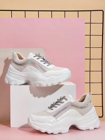 Lace-up Front Holographic Panel Chunky Sneakers | SHEIN