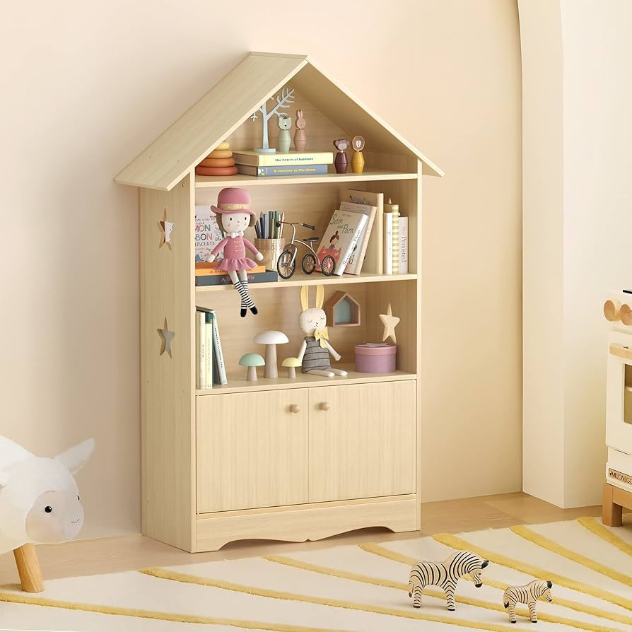 Kids Dollhouse Bookshelf, Large Wooden Kids Bookshelf and Toy Storage with Doors, 3-Tier Open Dis... | Amazon (US)