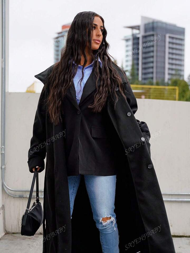 SAYEHFBABY Women's Solid Color Minimalist Big Lapel Patchwork Pocket Single-Breasted Belted Maxi ... | SHEIN