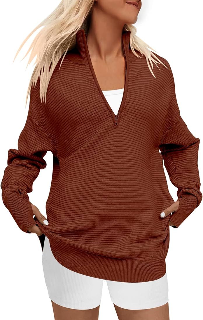 ANRABESS Women's 2023 Fall Long Sleeve Half Zip V Neck Collared Casual Oversized Ribbed Knit Pull... | Amazon (US)