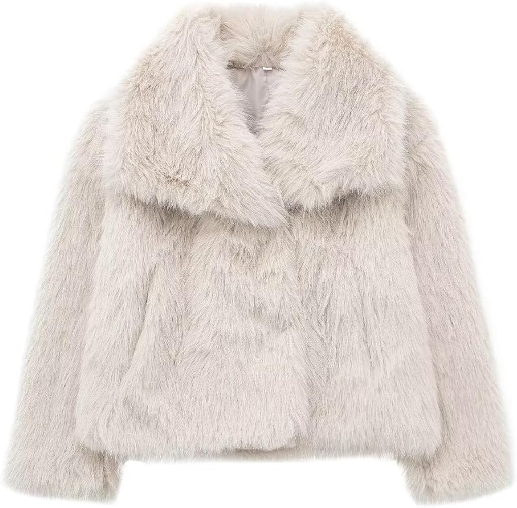 Women's Cropped Faux Fur Coat Solid Color Long Sleeve Lapel Collar Warm Jacket Furry Outerwear St... | Amazon (US)