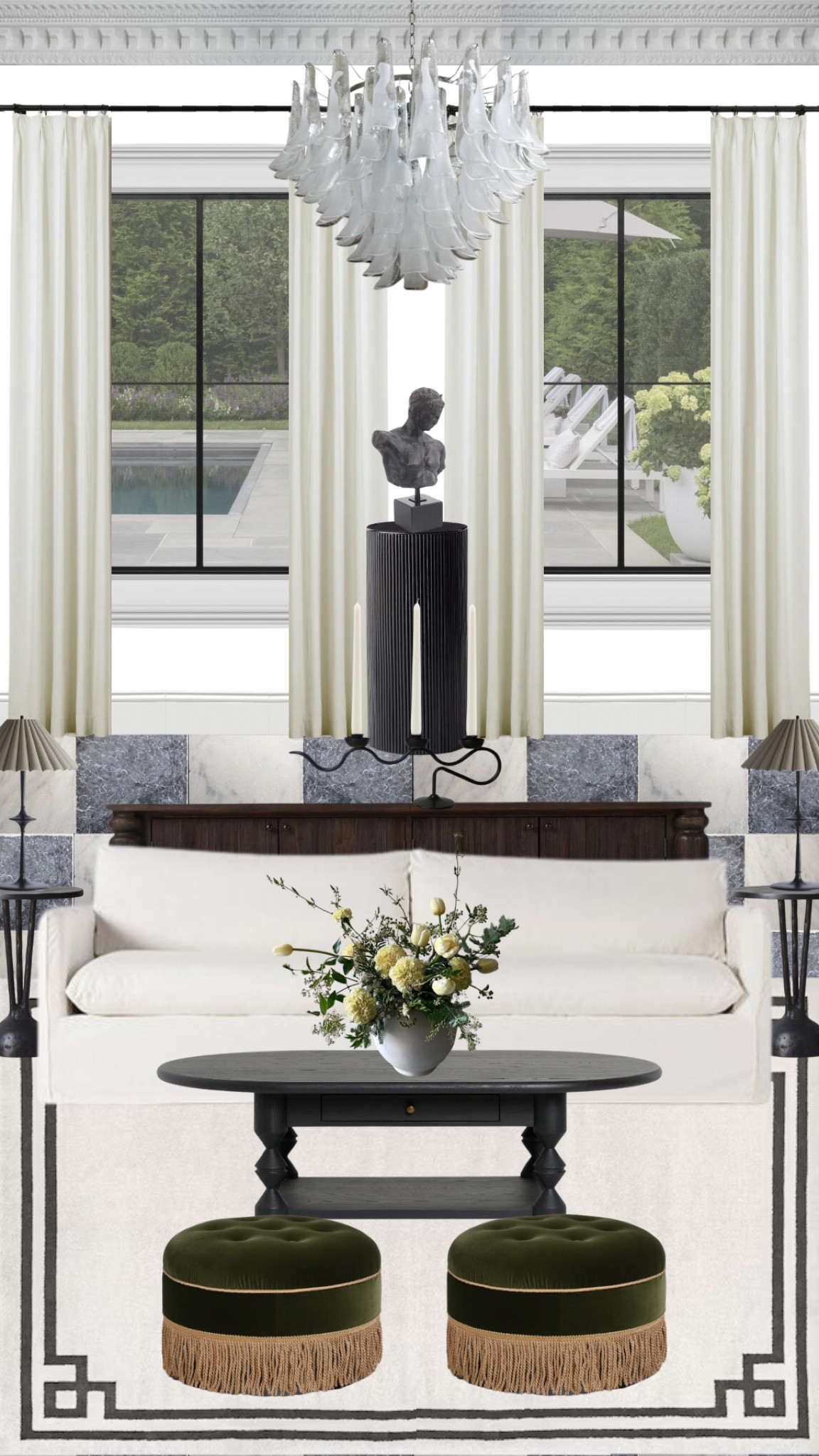 Living room design 

Design board, design inspo, pedestal, bust statue, coffee table, sideboard, vase, floral arrangement, side table, lamp, rug, candelabra, curtains 

#LTKSpringSale #LTKSeasonal #LTKhome