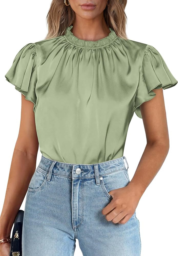 PRETTYGARDEN Women's Summer Satin Blouse Shirt Dressy Casual Ruffle Short Sleeve Crewneck Work Pa... | Amazon (US)