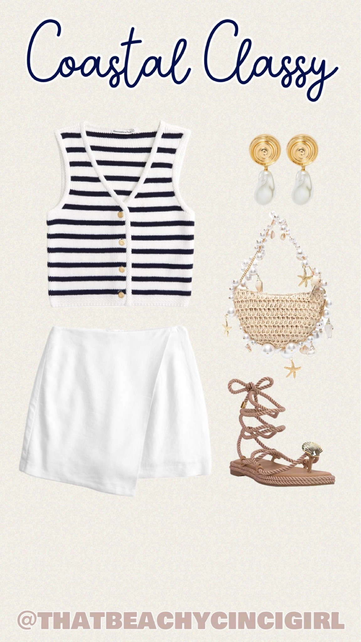 Coastal classy that also makes an adorable 4th of July outfit! Stripes, skort, statement accessories - perfect!