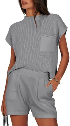ANRABESS Women's Two Piece Summer Outfits Knit Sweater Short Sets Pullover Tops & Shorts Lounge M... | Amazon (US)