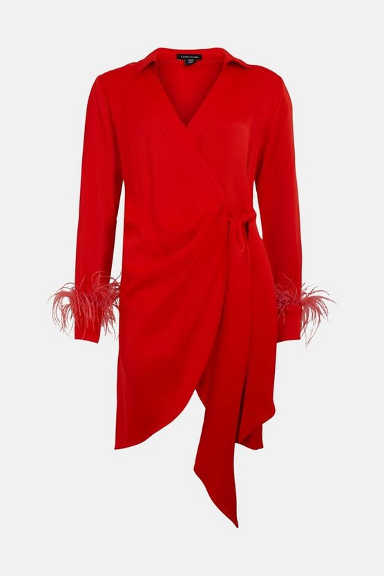 Satin Back Crepe Feather Cuff Mini Dress | Karen Millen UK + IE + DE + NL