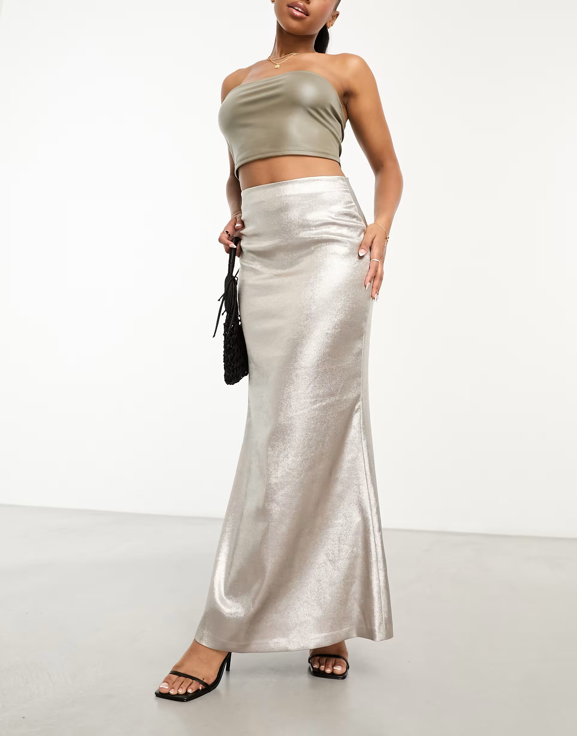Ever New metallic maxi skirt in silver | ASOS (Global)