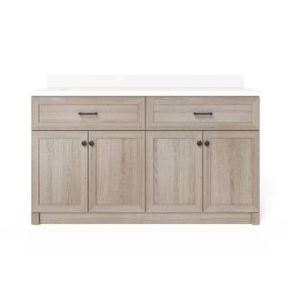 Home Decorators Collection 60 in. W x 34.5 in. H x 20 in. D Bath Vanity in Light Oak with White E... | The Home Depot
