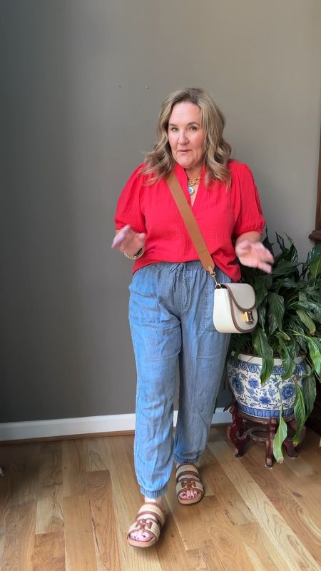 Wow. Love this outfit!!! Perfect for the heat if you prefer long pants and sleeves 
Top size XL gauze 15% off code NANETTE15
Pants size XL 20% off code NANETTESP24
Shoes and bag…Must have cognac brown for summer. I’ll link a couple options 

Summer outfit 4th of July 

#LTKOver40 #LTKSeasonal #LTKMidsize