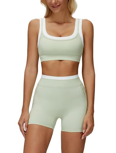 ABOCIW Workout Sets for Women Color Block Layered Square Neck Sports Bra Matching Tummy Control High Wait Biker Shorts 2 Piece Gym Sets Yoga Pilates Outfits Activewear Sage Green Large | Amazon (US)