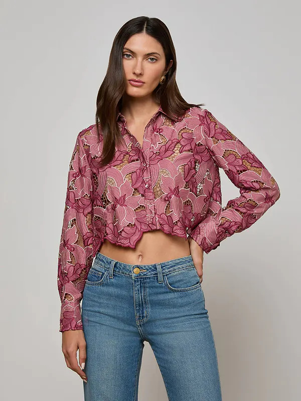 Akemi Cropped Lace Blouse in Mauve Multi Colored Eyelet | L'AGENCE | L'Agence