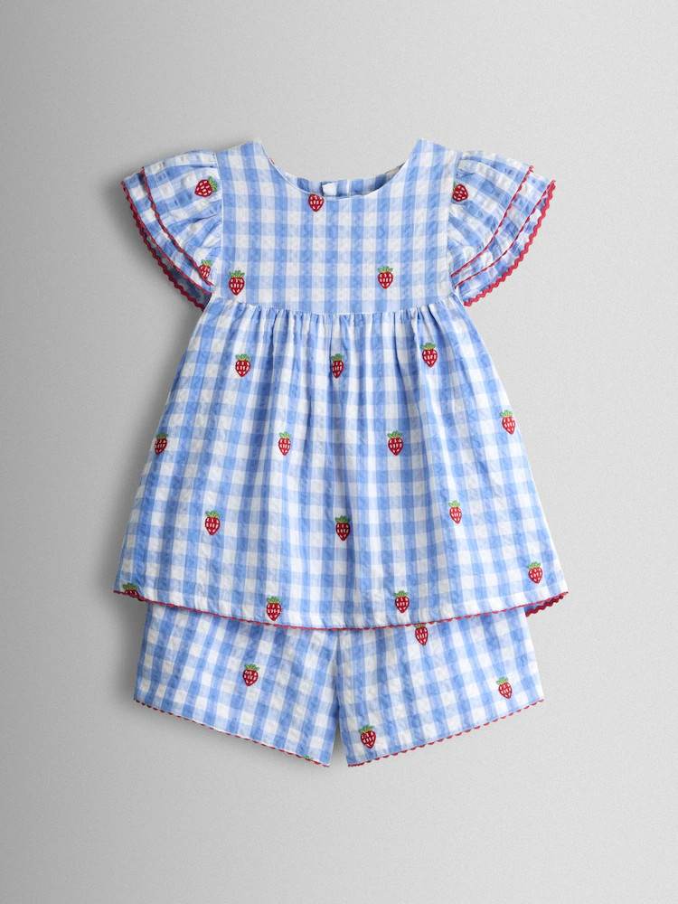 JoJo Maman Bébé Blue Gingham Strawberry Frill Sleeve Embroidered Top & Short Set | Next US