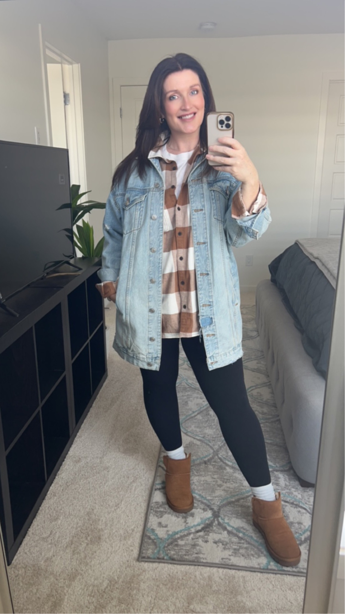 Fall outfit of the day. My jean jacket is from a couple years ago as are my boots. I’m wearing a size XL in the plaid flannel as I wanted an oversized fit. Leggings are TNA Butter 7/8, I’m wearing a size medium  

#LTKSeasonal #LTKover40 #LTKmidsize