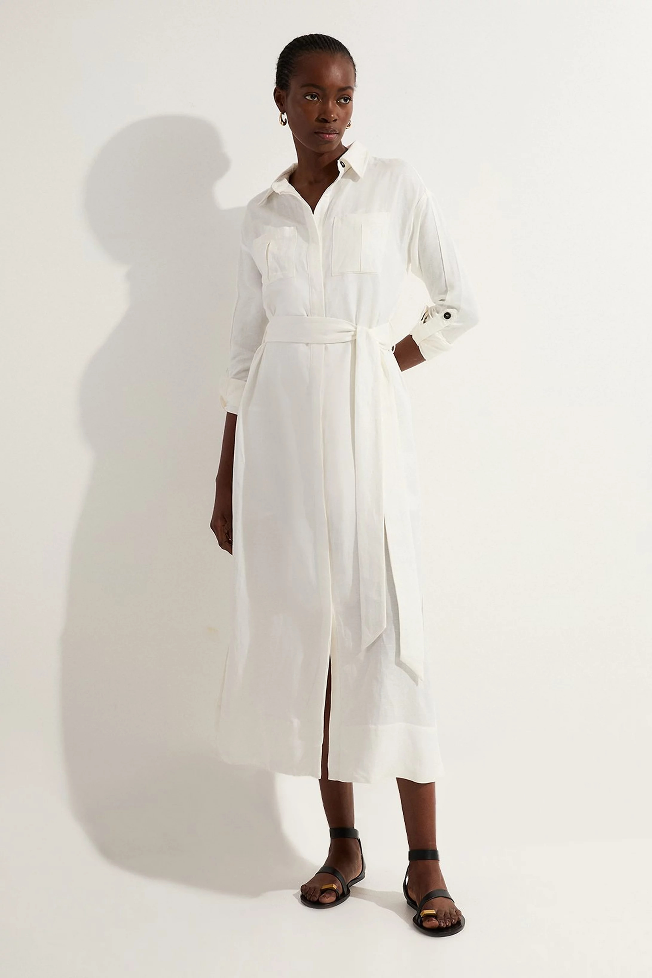 Viscose Linen Woven Belted Shirt Midi Dress | Karen Millen UK + IE + DE + NL