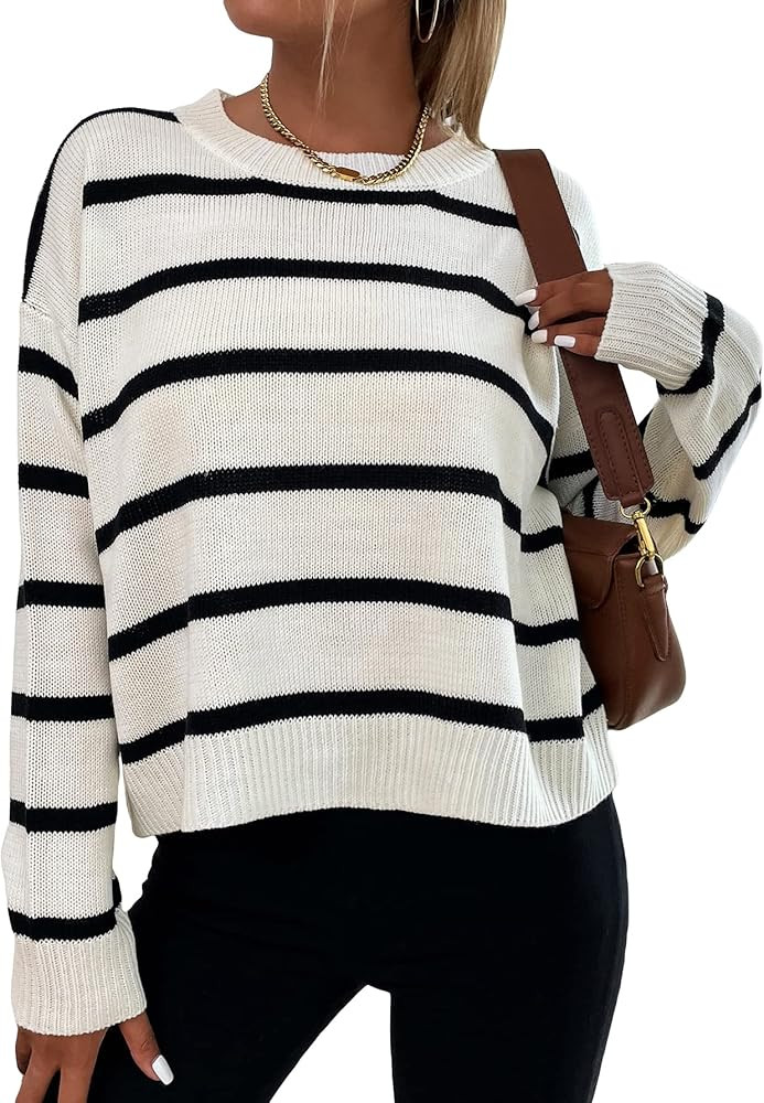 MakeMeChic Women's Casual Striped Crew Neck Sweater Long Sleeve Knitted Pullover Top | Amazon (US)