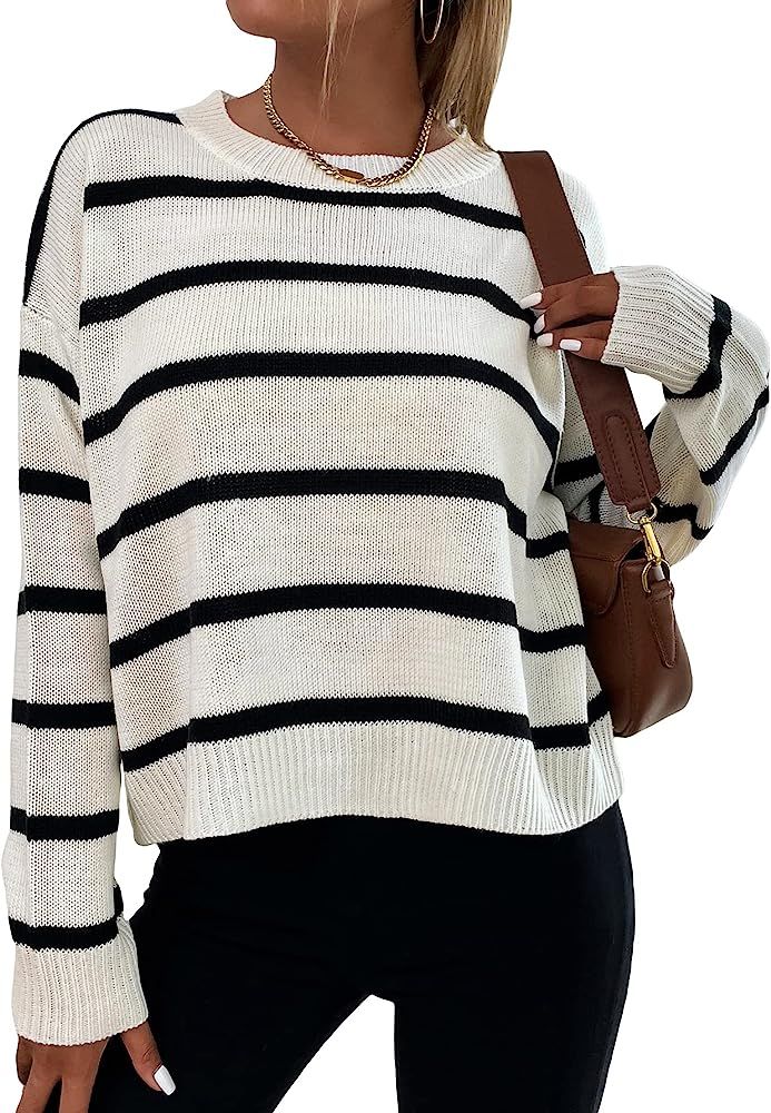 MakeMeChic Women's Casual Striped Crew Neck Sweater Long Sleeve Knitted Pullover Top | Amazon (US)
