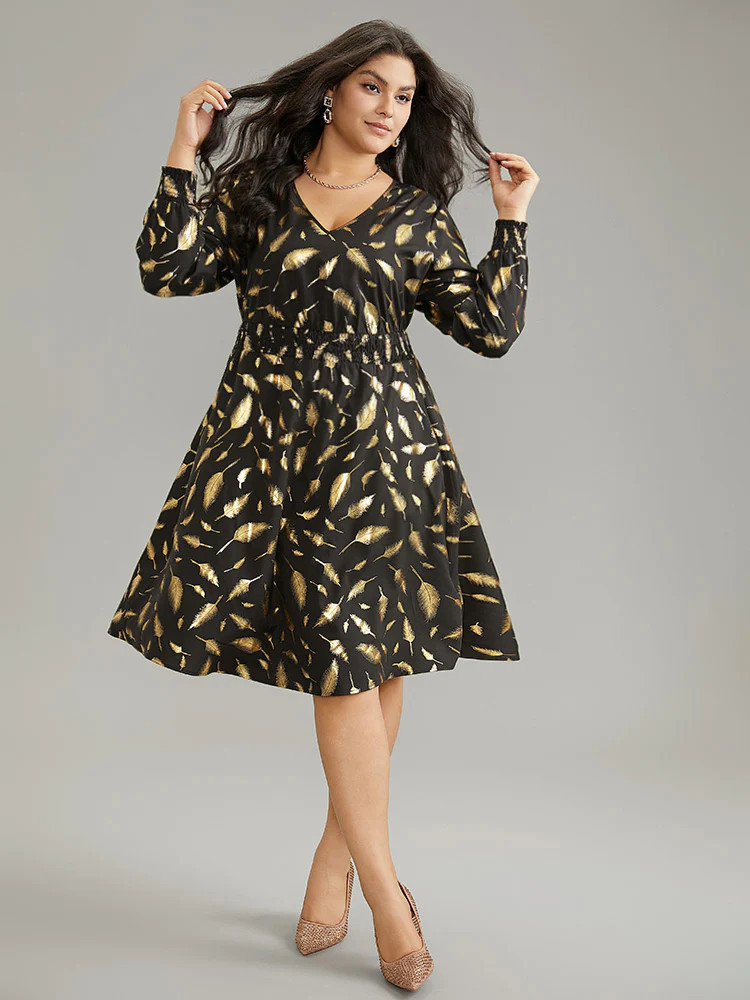 Feather Glitter Shirred Elastic Cuffs Dress | Bloomchic