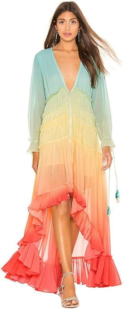 Women's Summer Bohemian Dress Printing Gradient Maxi Dress Patchwork Color Party Dress | Amazon (US)
