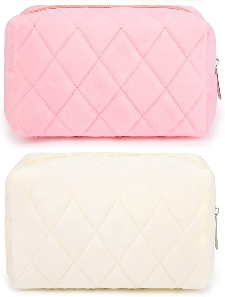 2 Pieces Makeup Bag Checkered Cosmetic Bag Plush Pink White Makeup Pouch Travel Toiletry Bag Orga... | Amazon (US)