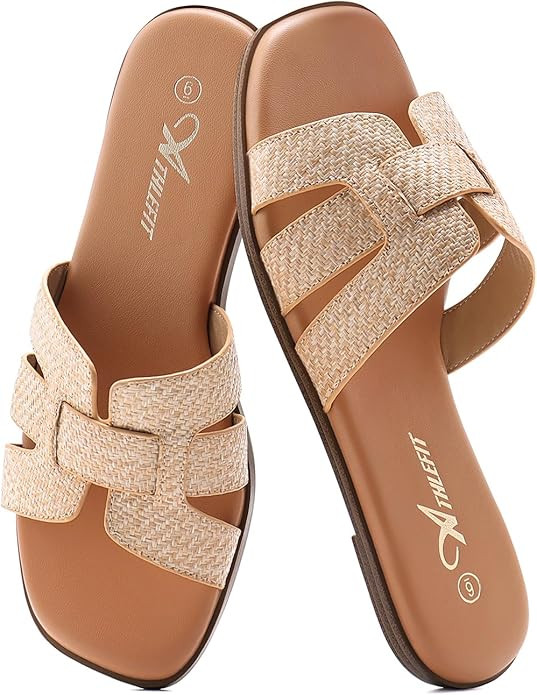 Athlefit Women's Flat Sandals Dressy Summer Square Open Toe Slip On Leather Slide Sandals | Amazon (US)