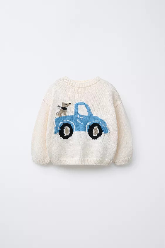 Knit sweater with round neck and long sleeves. Button closure at shoulder. Embroidered car detail... | Zara US