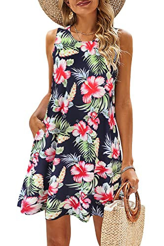 SimpleFun Casual Summer Dresses for Women with Pockets Sleeveless Sundress Flowy Swing Dress Tropical Rose,M | Amazon (US)