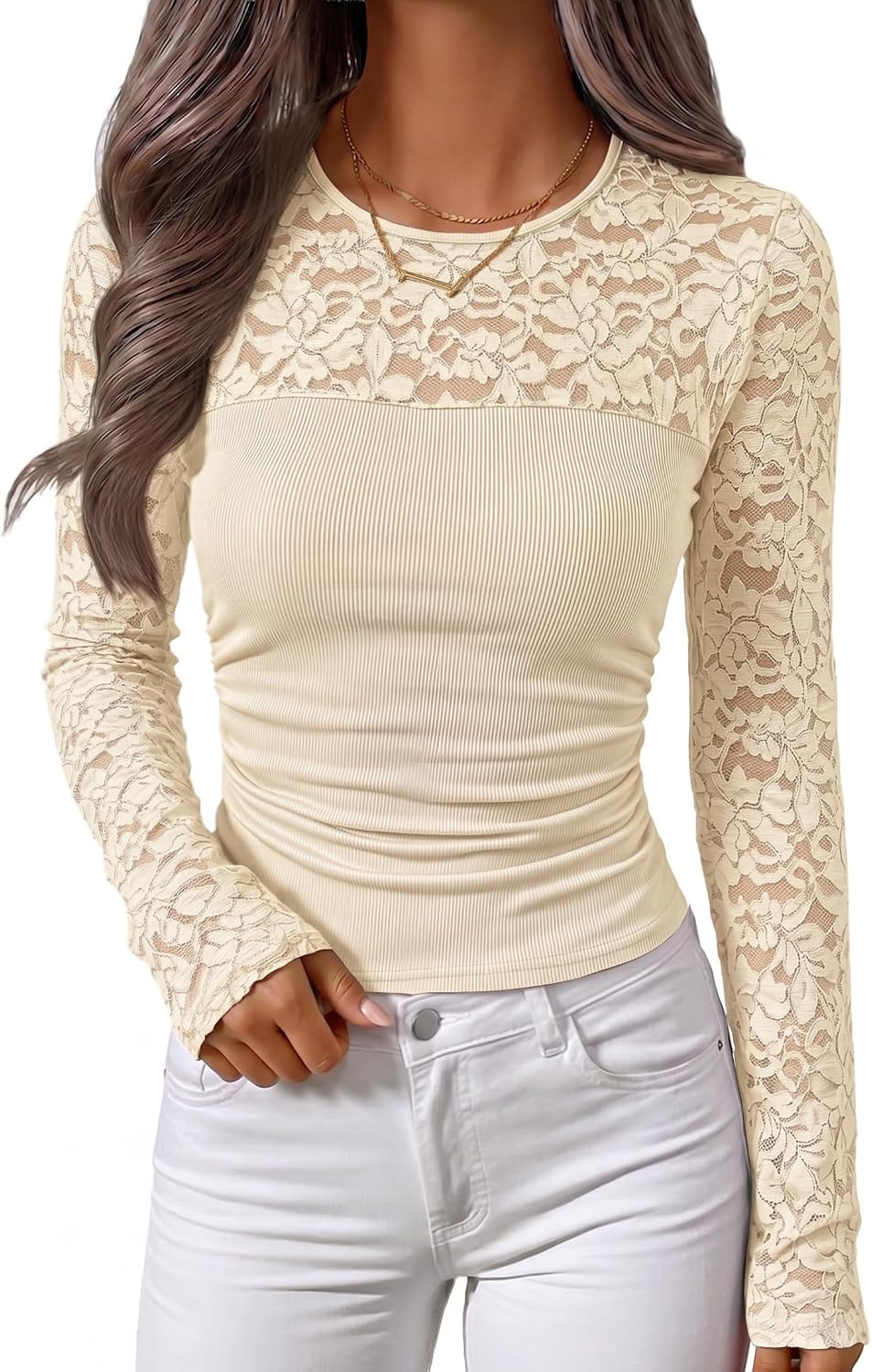 ZESICA Women's Long Sleeve Floral Lace Knit Ruched Tops 2026 Fall Shirt | Amazon (US)