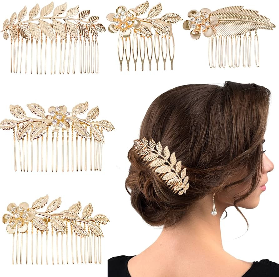 5 PCS Leaf Hair Side Combs Gold Rhinestone Hair Comb Clips with Teeth Wedding Headpiece Hair Acce... | Amazon (US)