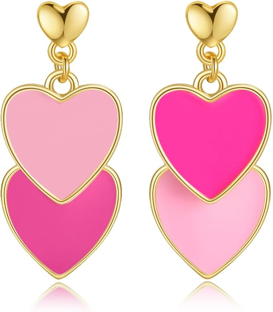 Valentine's Day Earrings for Women - 14K Gold Plated Cute Red Pink Enamel Heart Dangle Jewelry, V... | Amazon (US)