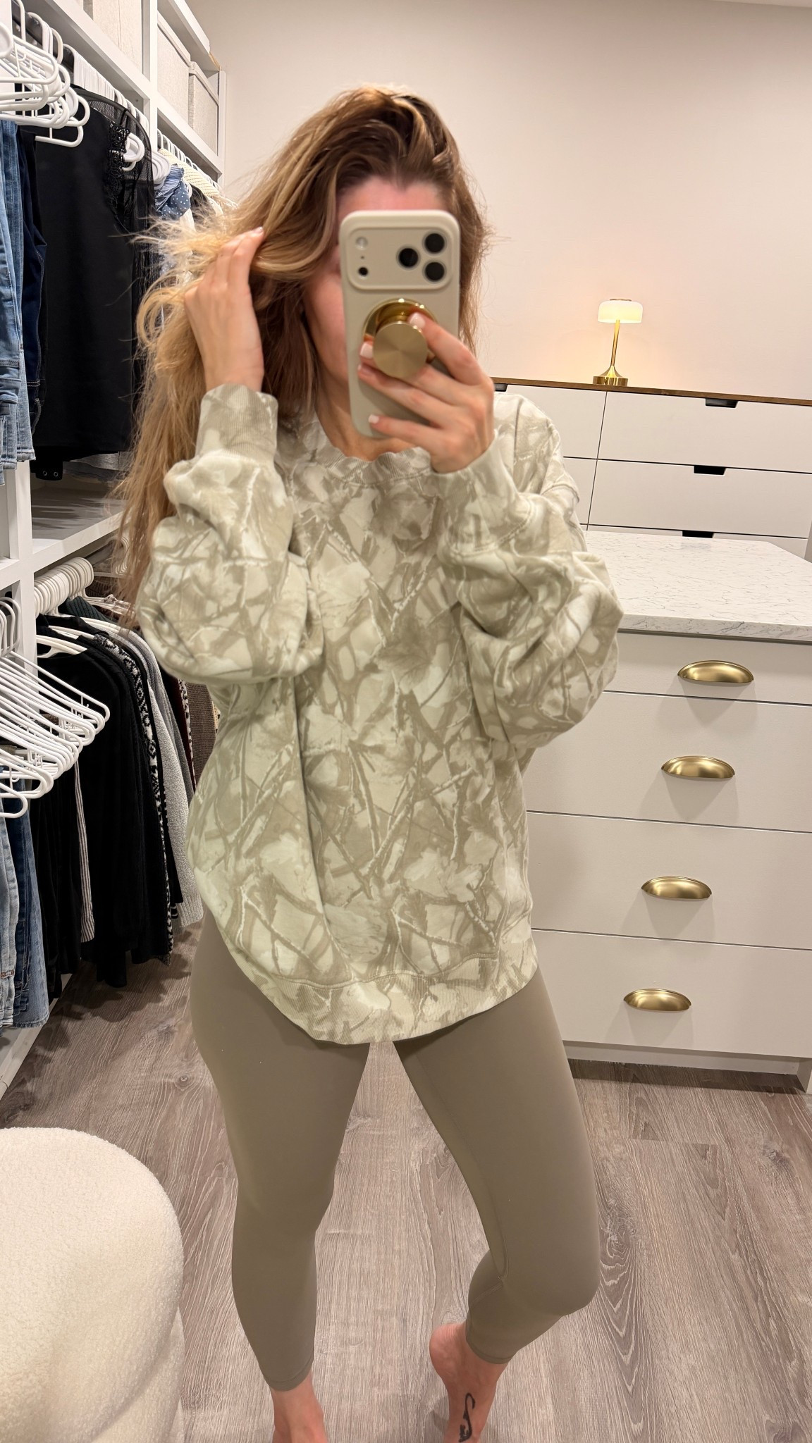 Morning cardio outfit - super casual, super cozy. I mainly walk on a treadmill in the winter so I don’t need or want outfits that are overly compression… I love my lululemon align leggings for this reason, super flexible with just the right amount of “hold you in”. Love to pair with an oversized sweatshirt, this camo crewneck is from the men’s section at old navy and currently on sale. 

Winter workout fit, new year new me, workout style, fitness outfit, athletics , GRWM, day in my life, ootd, morning routine, working mom

#LTKdayinmylife #LTKfitnessgoals #LTKmorningroutine