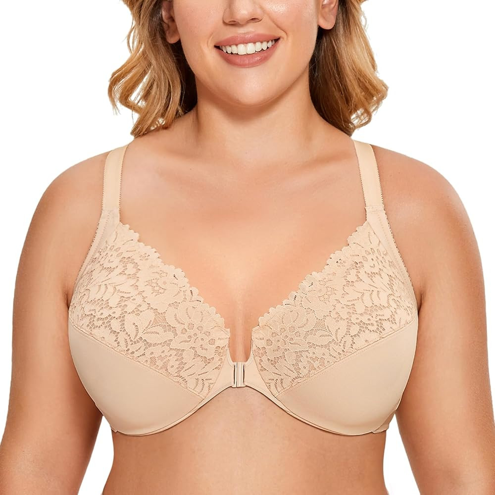 DELIMIRA Women's Front Closure Plus Size Full Coverage Lace Underwire Racerback Bra | Amazon (CA)