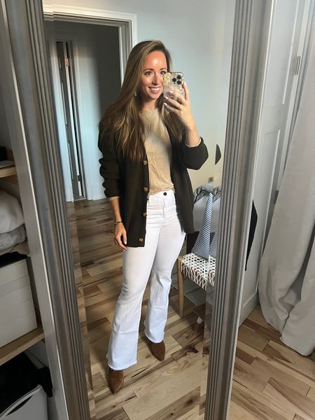 White flares w booties. Wearing M in sweater for more oversized look (already pretty oversized though)

#LTKstyletip #LTKfindsunder100 #LTKworkwear