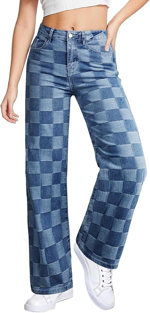 Sidefeel Women's Wide Leg Jeans High Waisted Stretchy Straight Leg Checkered Loose Denim Pants | Amazon (US)