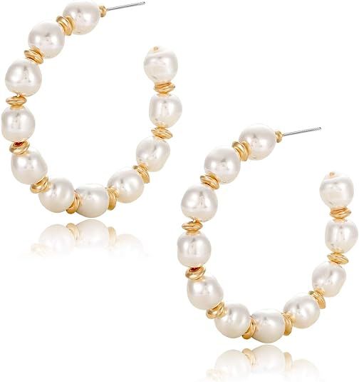 Pearl Hoop Earrings for Women Lightweight Faux Pearl Beaded Earrings Open Hoop Dangle Earrings Br... | Amazon (US)