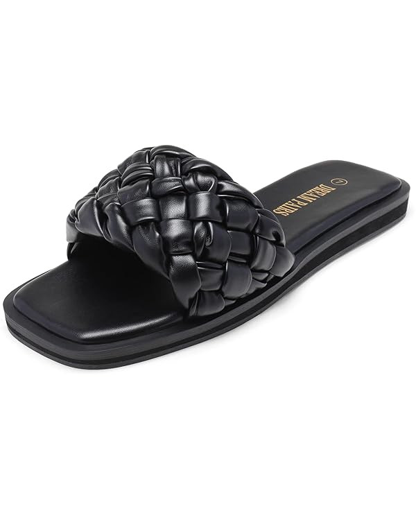 DREAM PAIRS Women's Square Open Toe Slide Sandals Cute Slip on Braided Strap Rhinestone Flat Sand... | Amazon (US)
