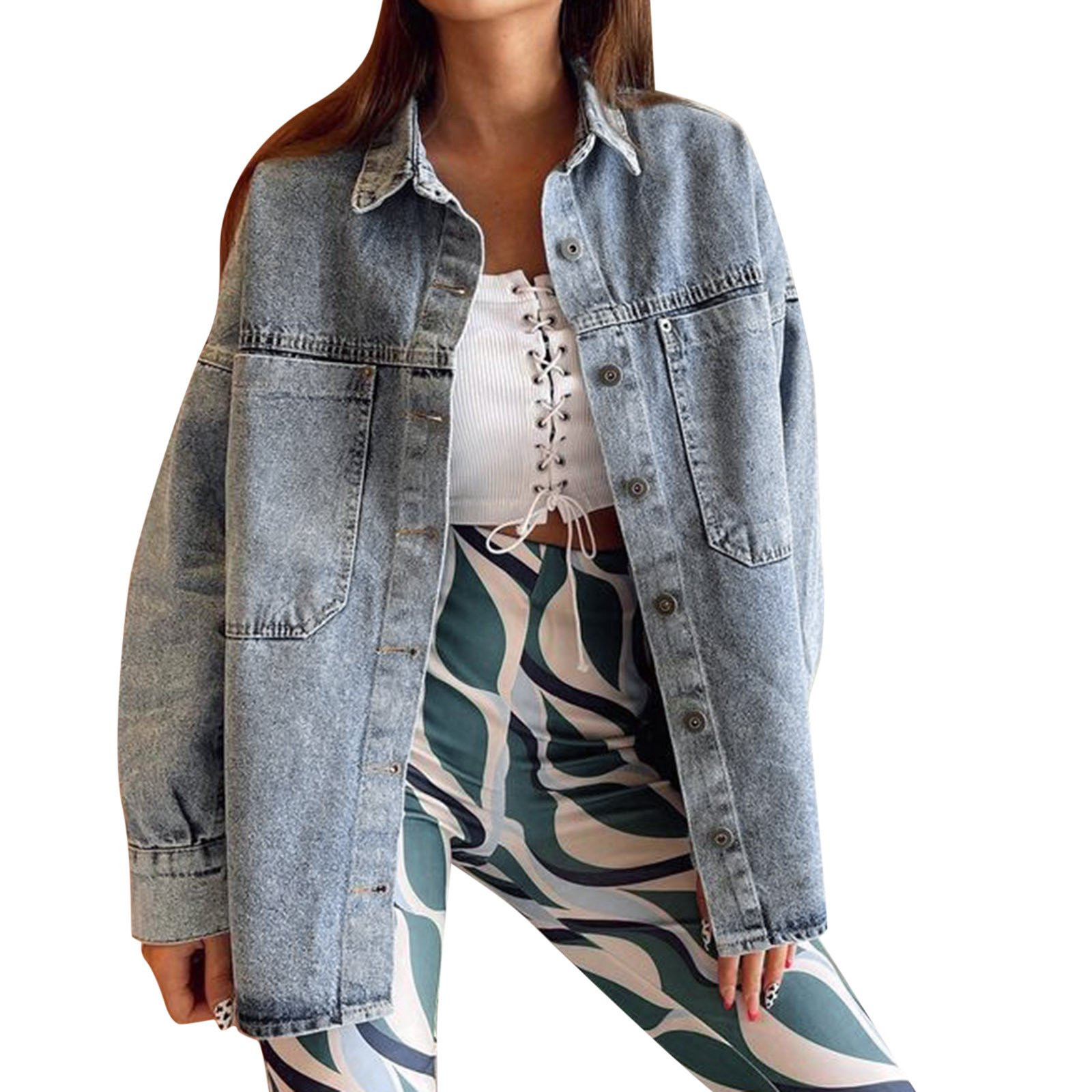 Jean Jacket Women Cropped Fashion Denim Jacket Loose-Fitting Womens Denim Washed Denim Jacket for... | Walmart (US)