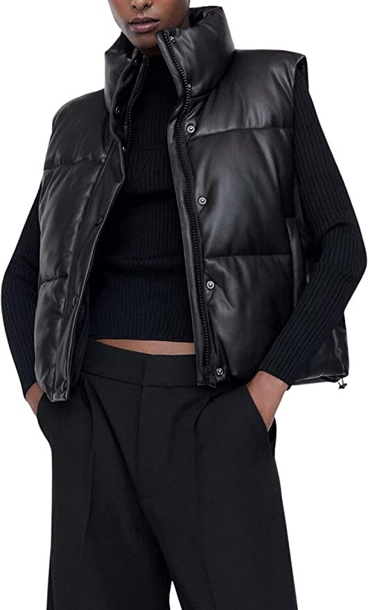 Ailoqing Womens Faux Leather Puffer Vest Zip Up Sleeveless Winter Cropped Jacket | Amazon (US)