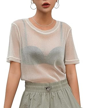 MakeMeChic Women's Glitter Sheer Mesh Short Sleeve Shirts Casual See Through Tee Tops | Amazon (US)