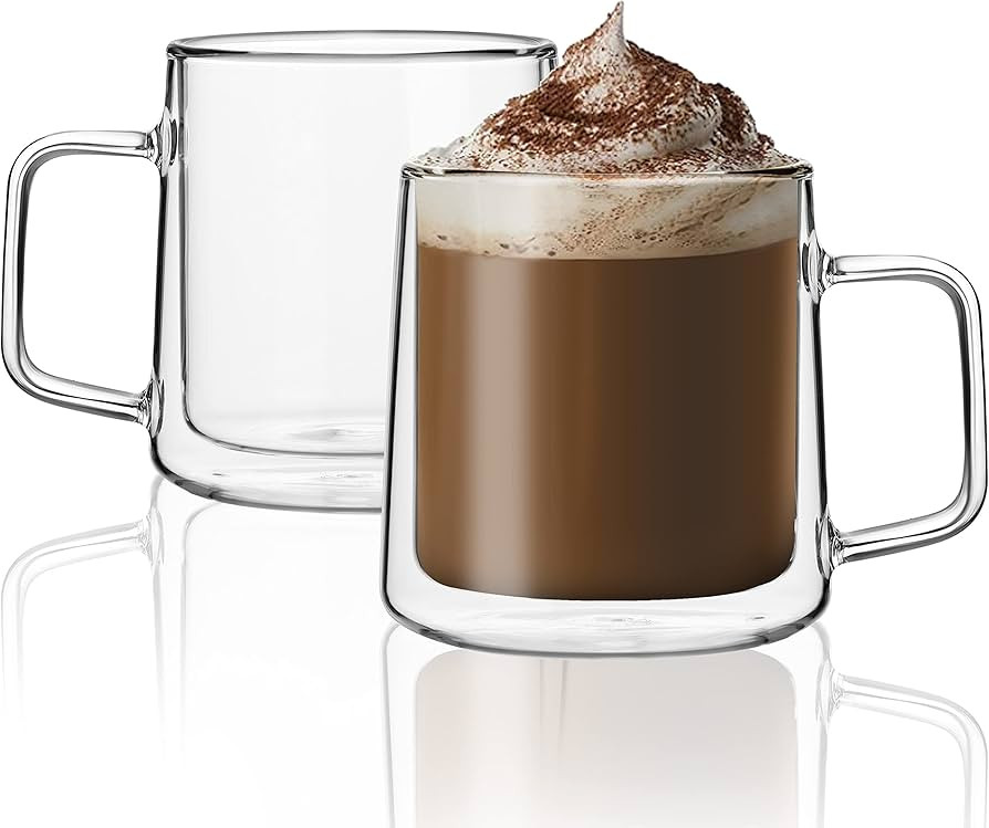 CNGLASS 12oz Glass Coffee Mugs,Double Wall Insulated Glass Cups with Handle,Clear Espresso Mugs f... | Amazon (US)