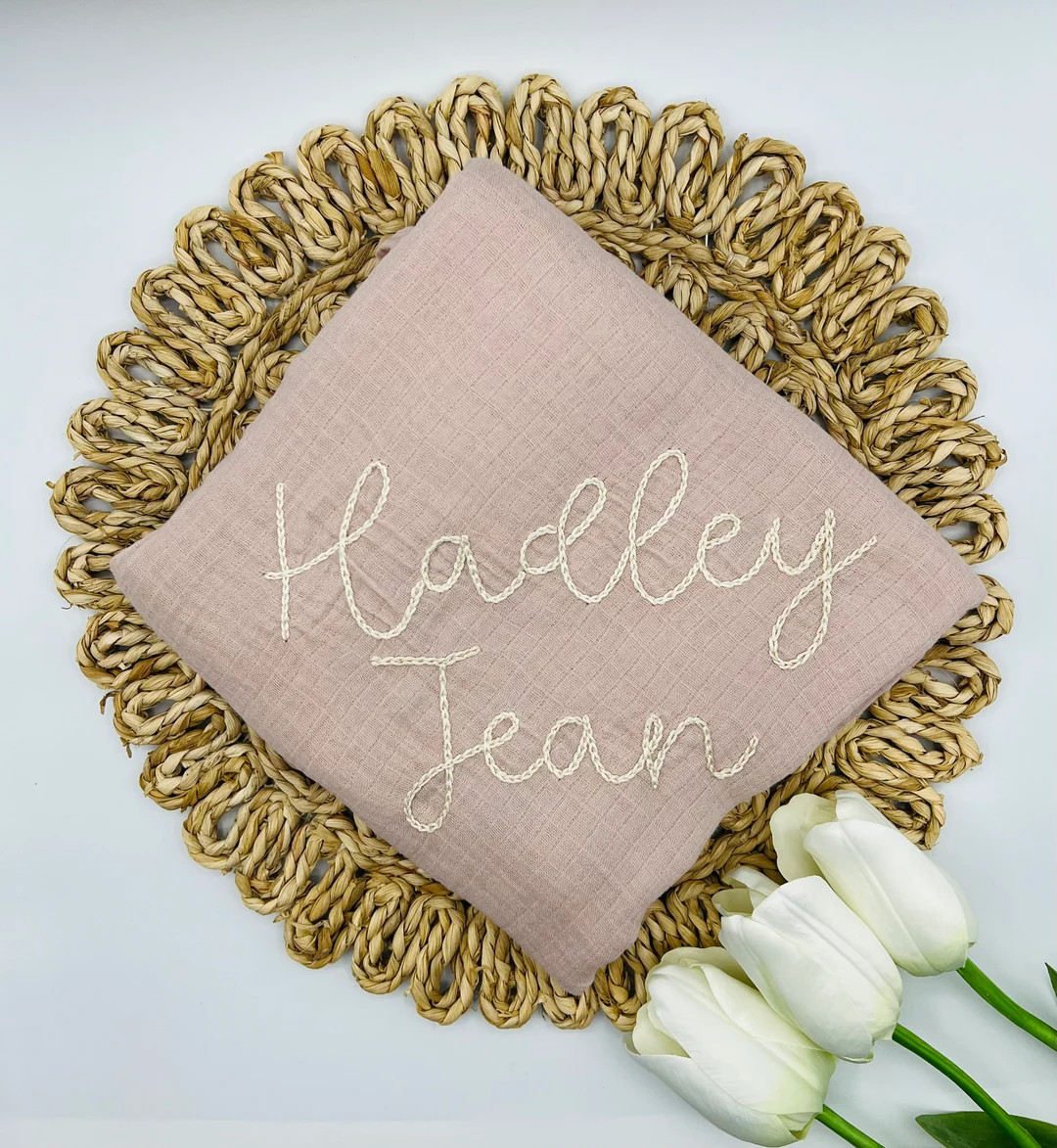 Hand Embroidered Baby Swaddle // Personalized Monogram Muslin Blanket | Etsy (US)