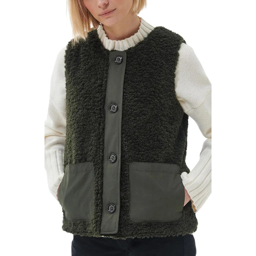 Barbour Kintra Teddy Faux Fur Liner Vest in Olive/Ancient Tartan at Nordstrom Rack, Size 10 Us / 14 Uk | Nordstrom Rack