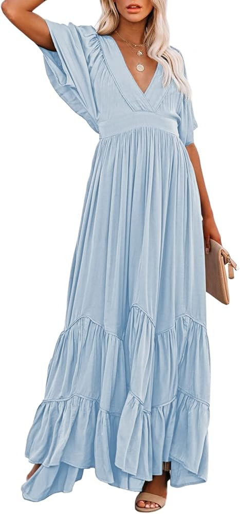Linsery Women V Neck Ruffle Maxi Dress Balloon Sleeve Layered Beach Long Dresses | Amazon (US)