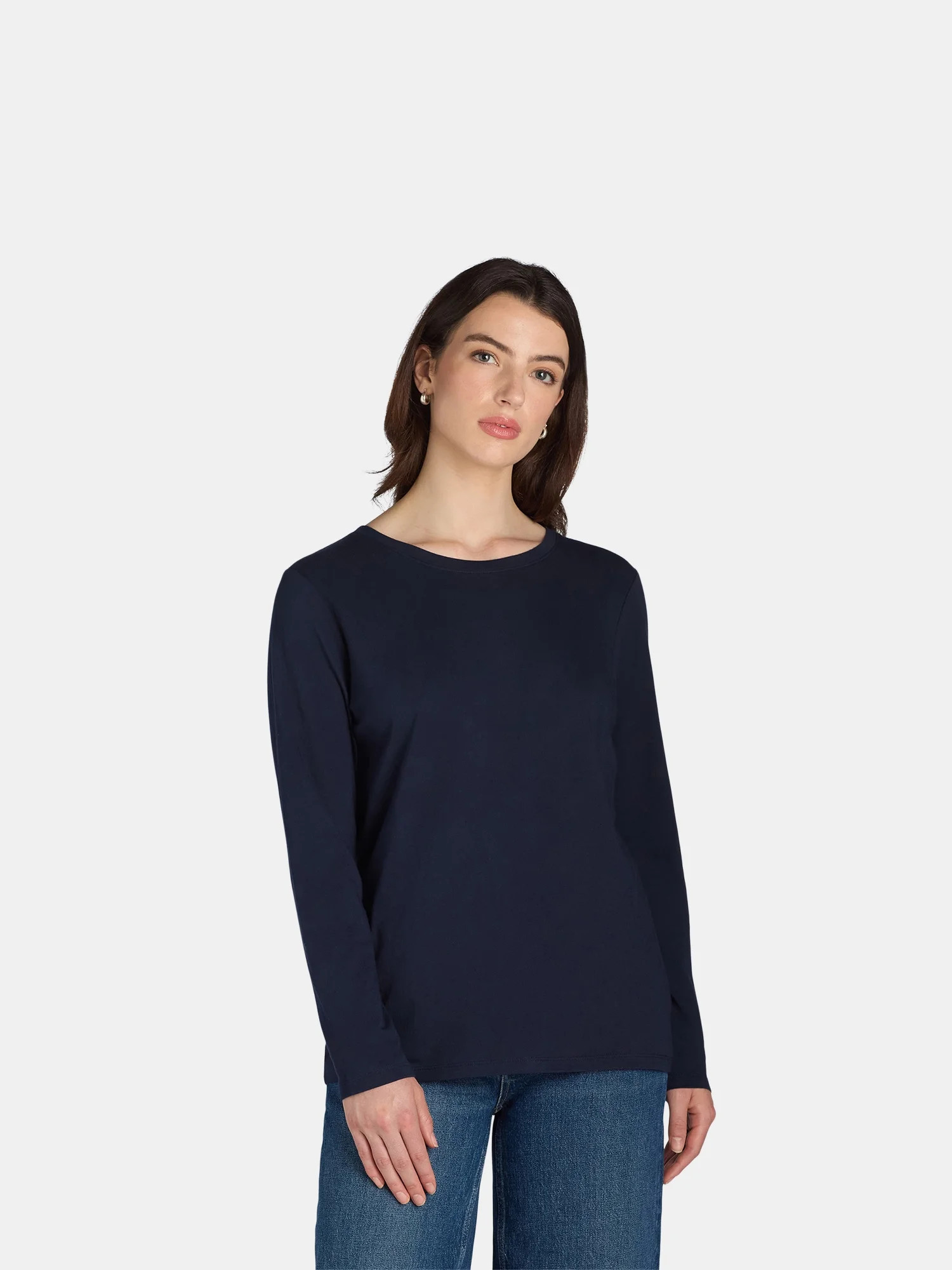 Time and Tru Women's Cotton Crewneck Tee with Long Sleeves, Single and 3 Pack, Sizes XS-XXXL | Walmart (US)