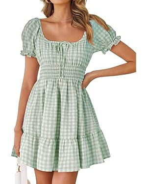 ZESICA Women's 2025 Summer Boho Plaid Mini Dress Square Neck Puff Short Sleeve Ruffle A Line Swin... | Amazon (US)