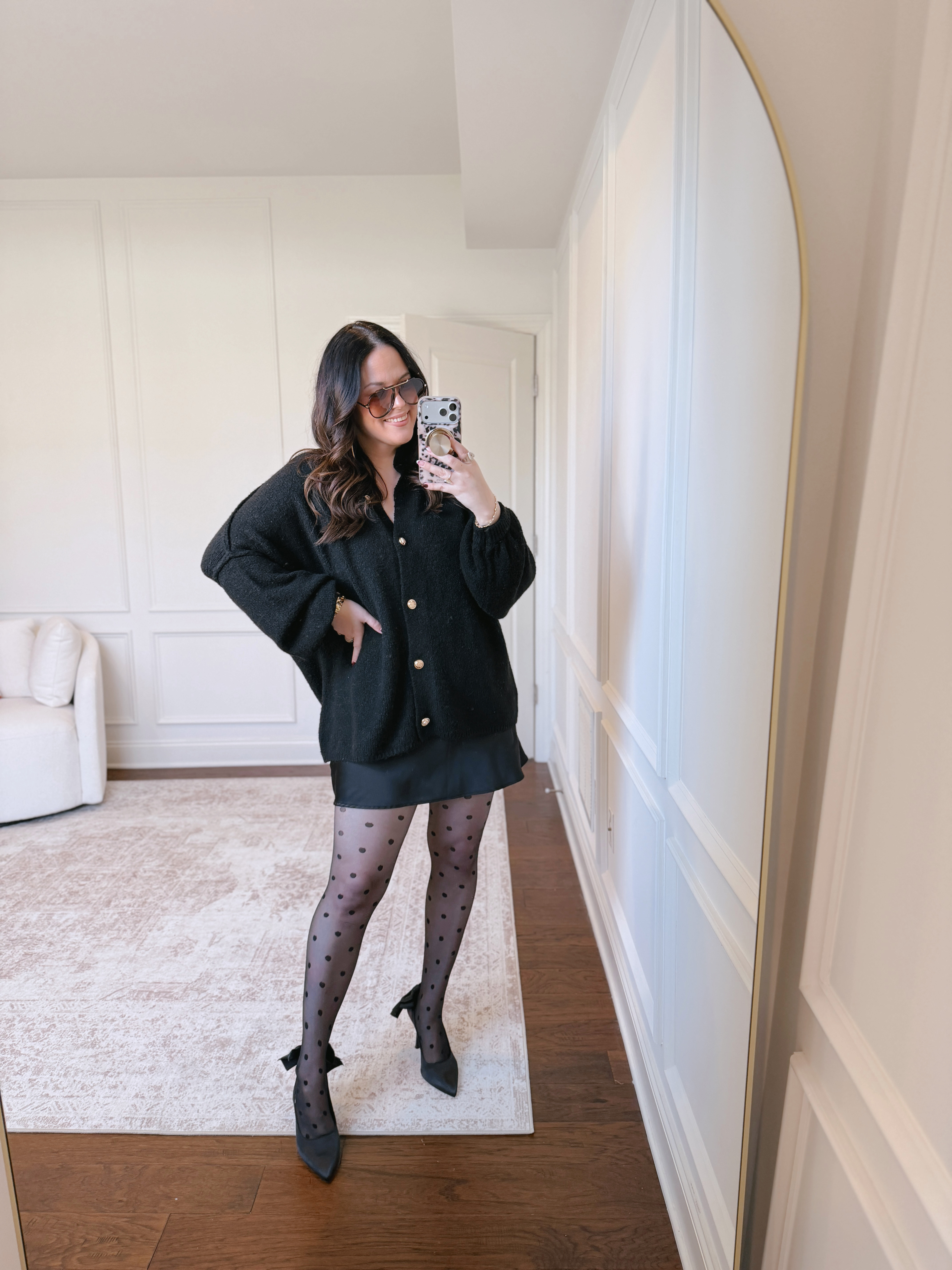 All black but make it festive.. obsessed with the gold buttons on this cardigan and love the polka dot tights for a fun detail.. wearing a large in everything.. 

 #LTKootd #LTKMidsize #LTKFindsUnder50
