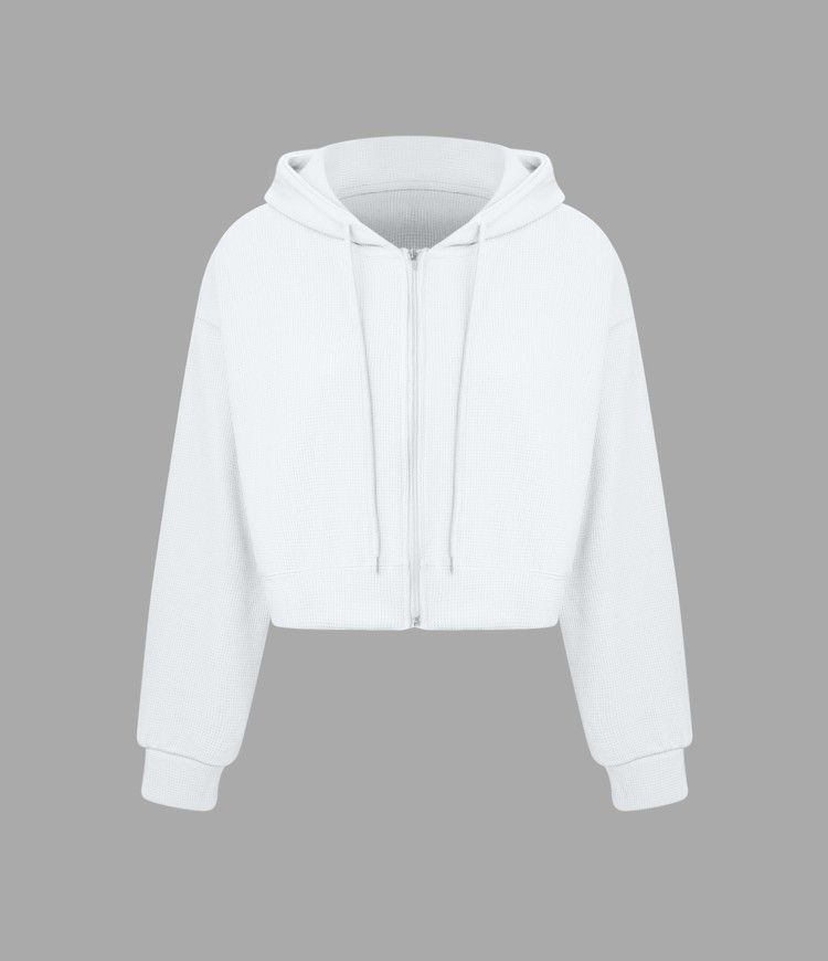 Waffle Hooded Drawstring Zipper Cropped Casual Cotton Sports Sweatshirt | HALARA