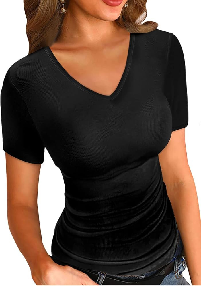LOLONG T Shirts for Women Short/Long Sleeve V Neck Casual Ribbed Slim Fitted Tops | Amazon (US)