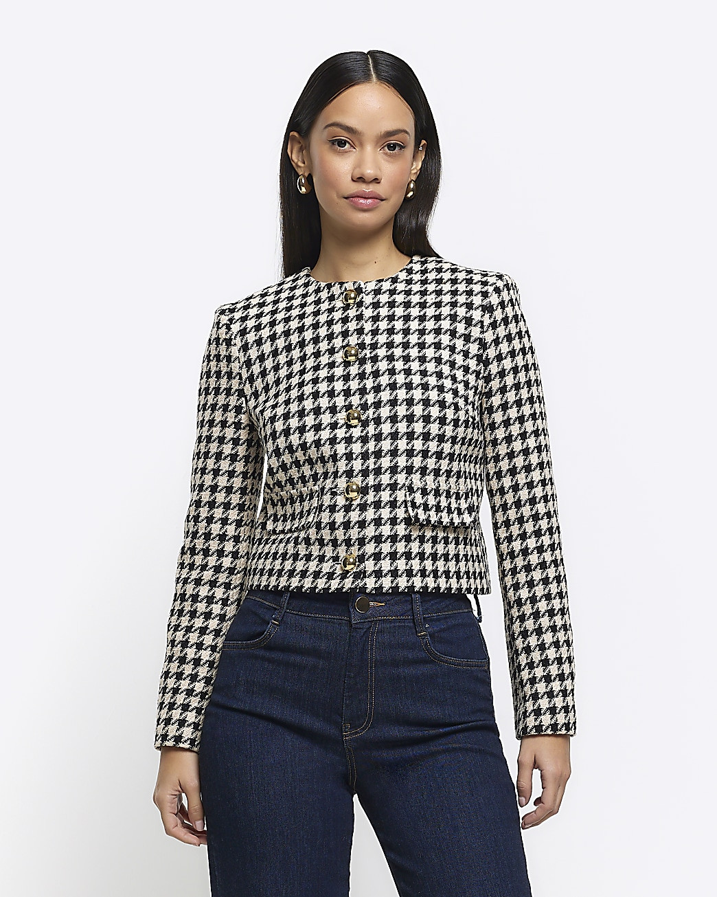 Cream Dogtooth Crop Trophy Jacket | River Island (UK & IE)